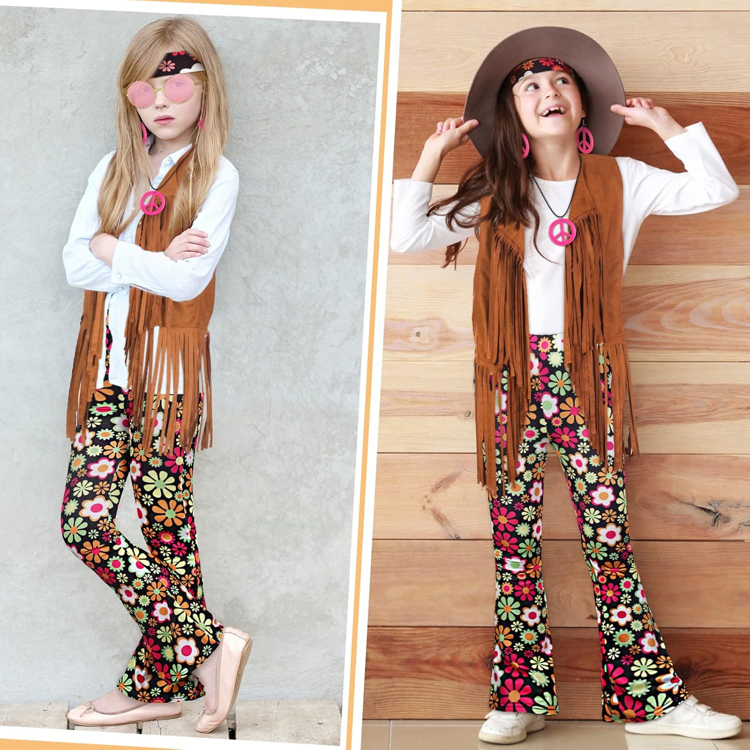 Jenaai 7-Piece 60s70s Hippie Kids Costumes Set Retro Boho Style