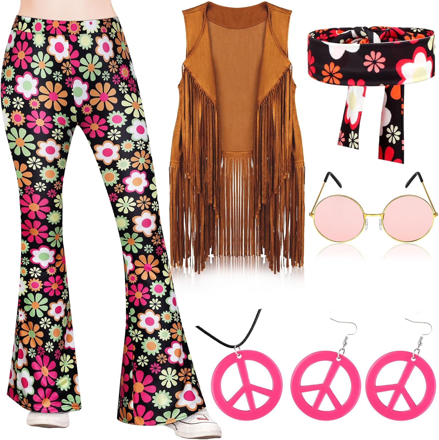 Jenaai 7-Piece 60s70s Hippie Kids Costumes Set Retro Boho Style