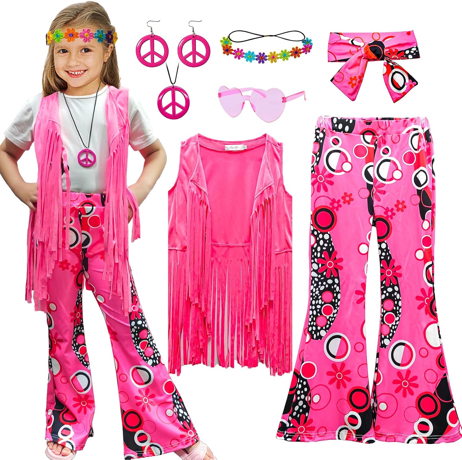 8-Piece Girls 60s-70s Hippie Costume Set with Bohemian Accessories